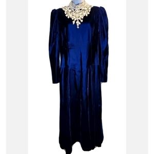 Vintage Scott Mcclintock Velvet Dress Royal Blue Mock Neck White Lace Size 10
